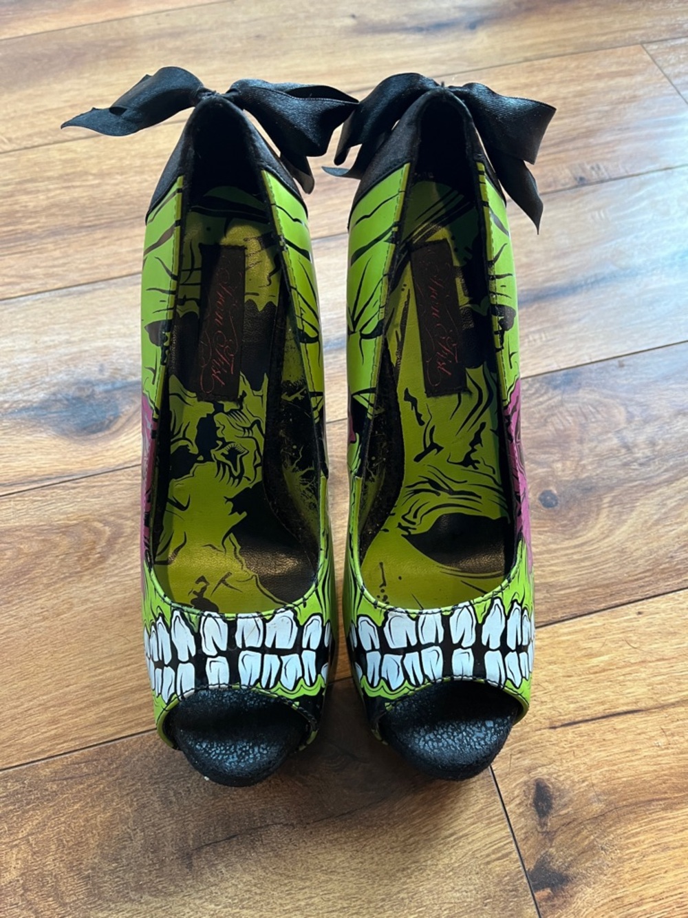 Iron Fist Lime Green Zombie Stomper Peep-Toe Heels with Black Bows